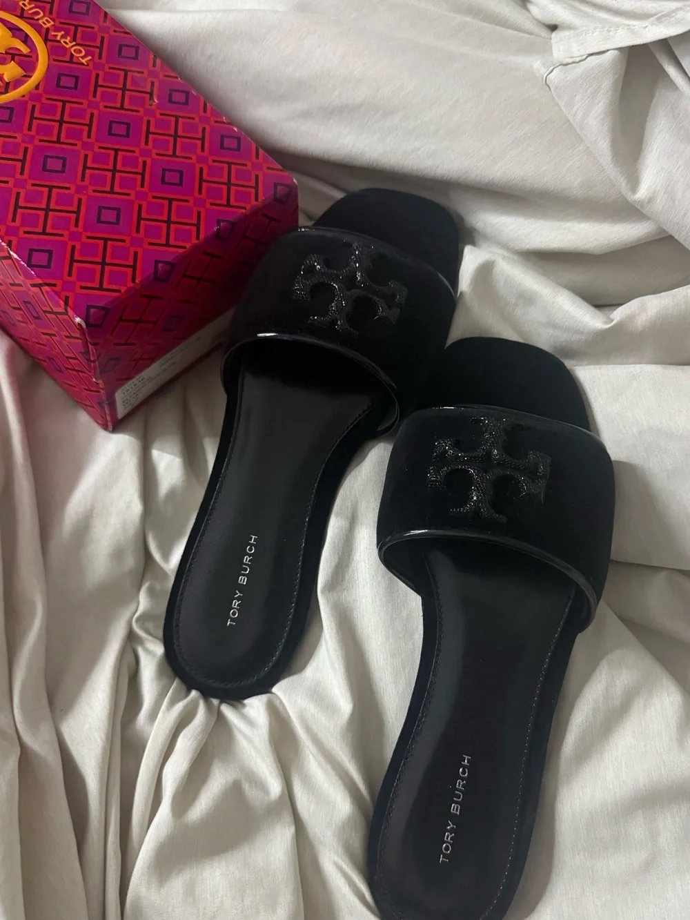 Tory Burch Black Velvet Slide Sandals with Logo Strap